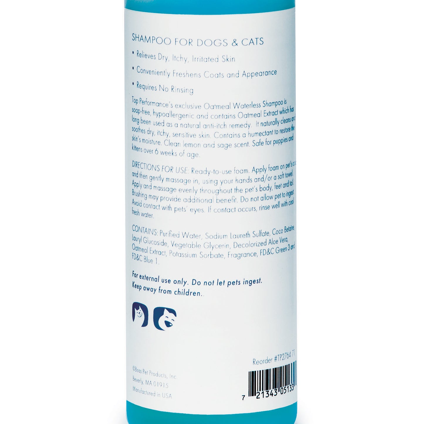 Top Performance Waterless Dog Grooming Shampoo Oatmeal 7.1oz
